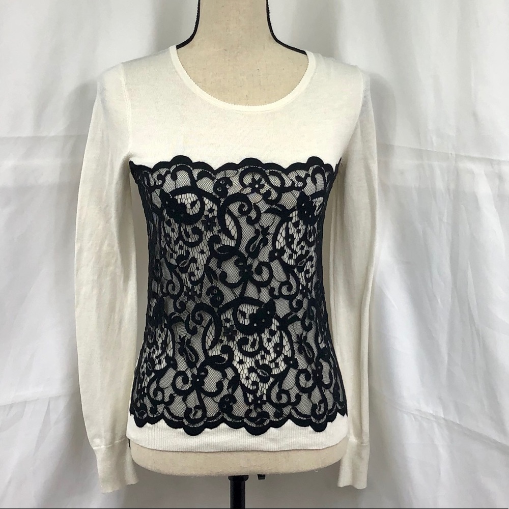 Ann Taylor Cream Lightweight Lace Detail Sweater